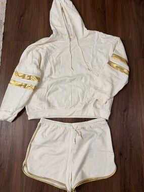 Ivory Hoodie and Shorts Set with Gold Trim